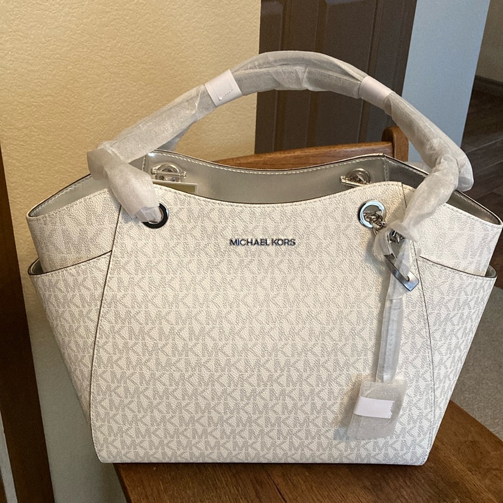 Michael Kors Jet Set Travel Large Signature Logo Chain Shoulder Tote Bag NWT